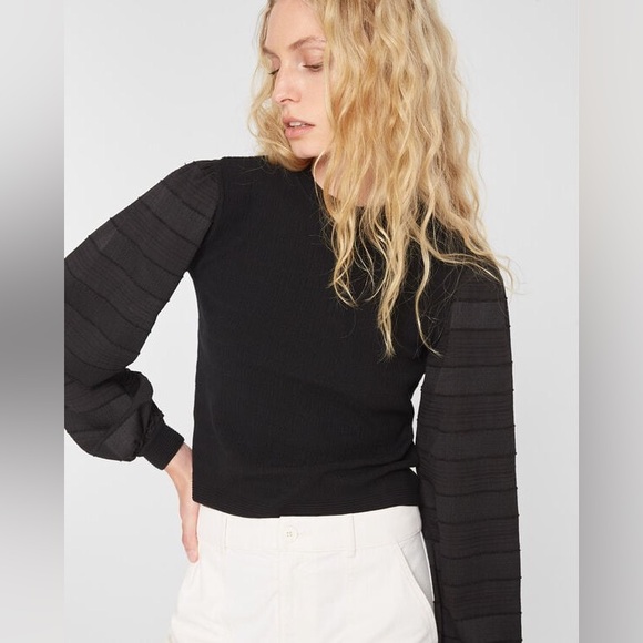 Club Monaco Black Woven Sleeve Crewneck Top - Picture 2 of 11